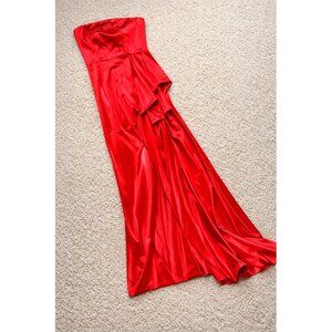 Fashion Nova Red Satin Strapless Formal Gown Maxi Dress M Prom Wedding Slit